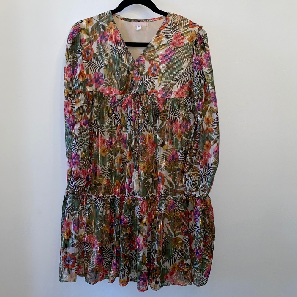 Floral Baby Doll Tiered Boho Dress with metallic threading